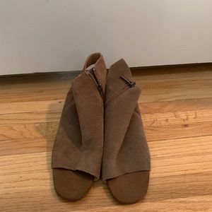 Tan suede open toe booties